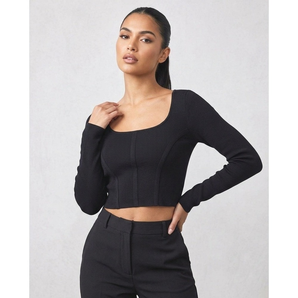 Womens‎ Black Long Sleeve Ribbed Knit Crop Top Square Neck Size Small